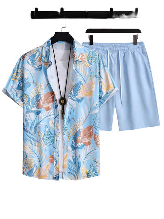 Leaf Print Short Sleeve Shirt And Shorts Set