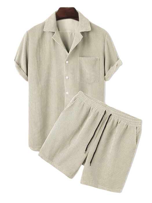 Corduroy Casual Lapel Shirt Shorts Set