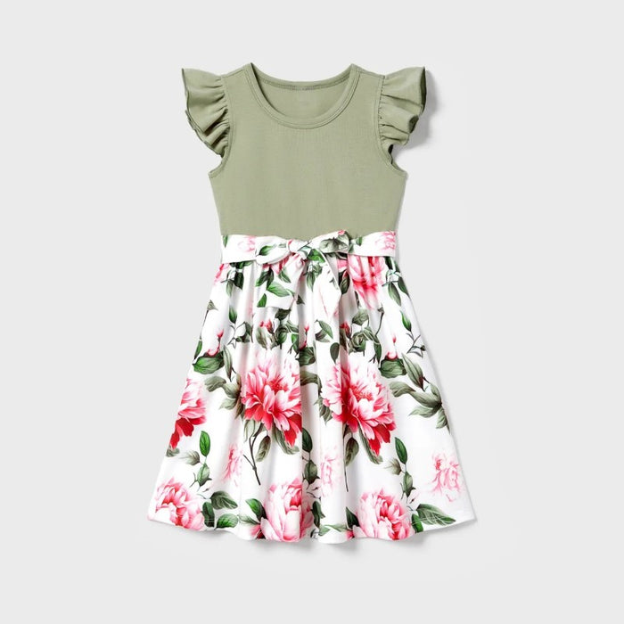 Family Matching Raglan Sleeve T Shirt And Floral Printed Dress Sets