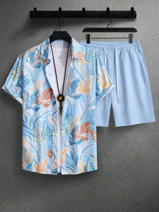 Leaf Print Short Sleeve Shirt And Shorts Set