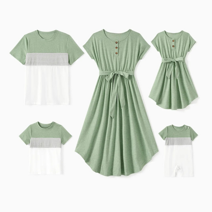 Button A Line Dress And Strip Tshirt Family Matching Outfit Set