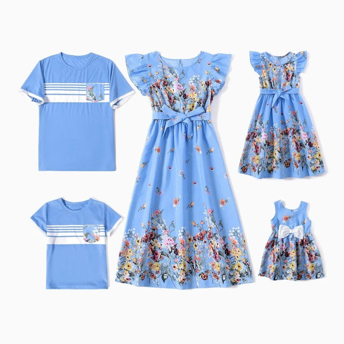 Family Matching Floral And Striped Ruffle Dresses And T Shirt Sets