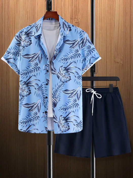 Tropical Print Shirt And Drawstring Shorts