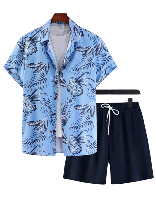 Tropical Print Shirt And Drawstring Shorts