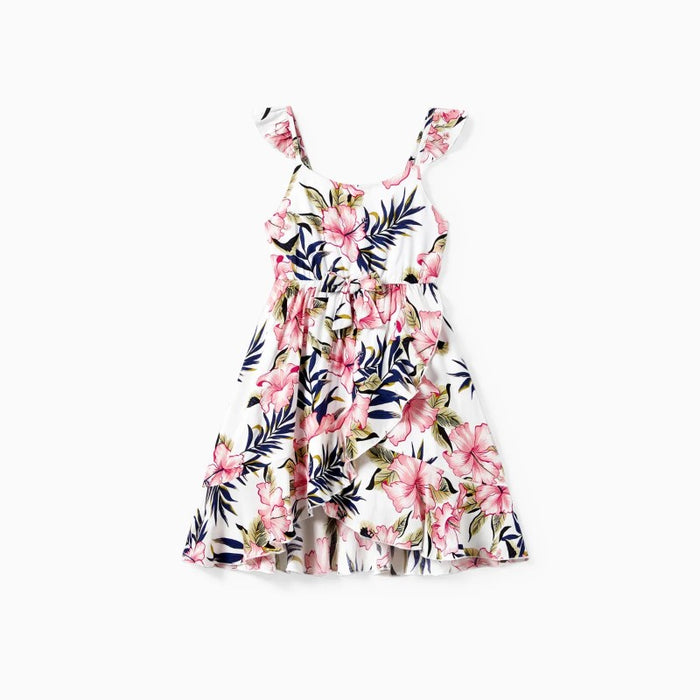 Family Matching Floral Wrap Bottom Strap Dress And T Shirt Sets