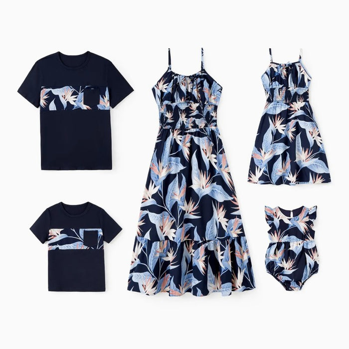 Family Matching Floral Panel Tees And Ruffled Strap Dresses Sets