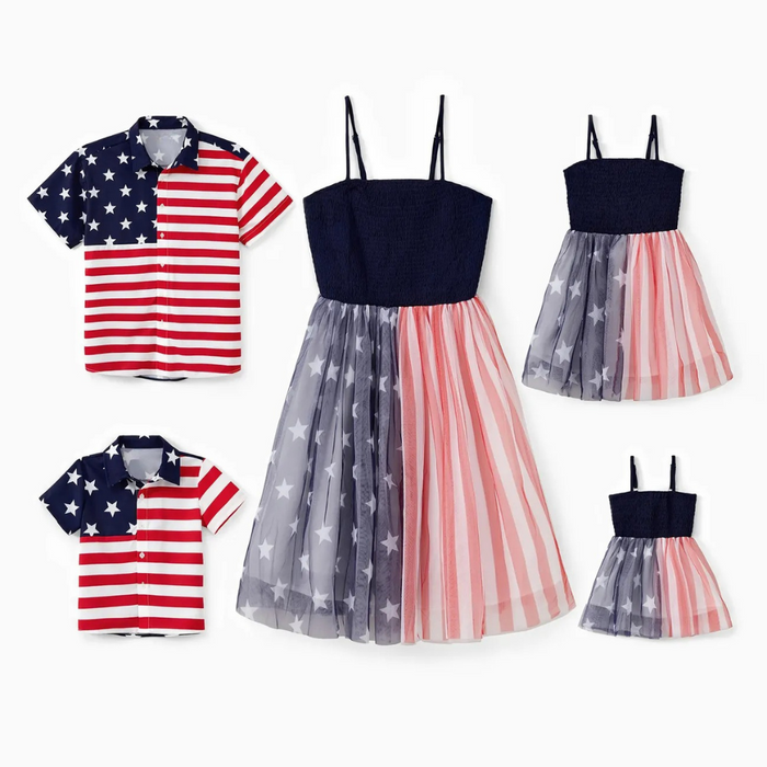 Matching Independence Day Family Outfits Flag Print Shirt And Tulle Family Matching Set