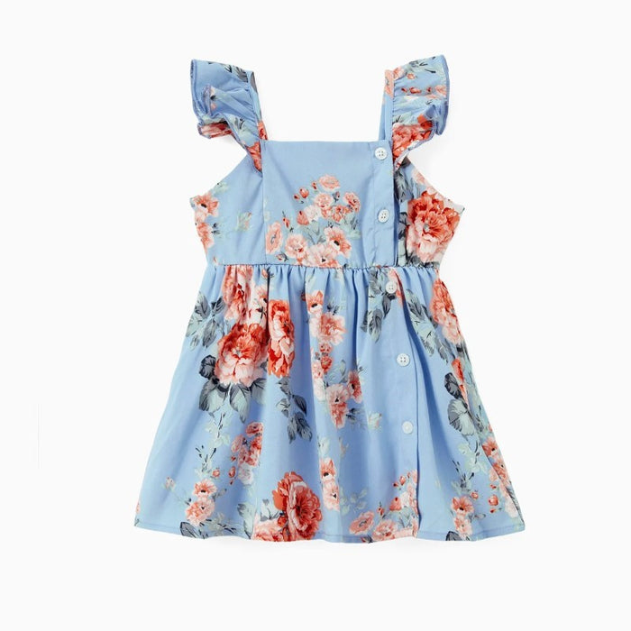 Family Matching Polo Shirt And Floral Top A Line Sleeveless Dress Sets