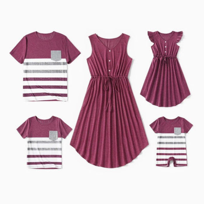 Family Matching Button Up Drawstring Dresses And Striped T Shirts Sets