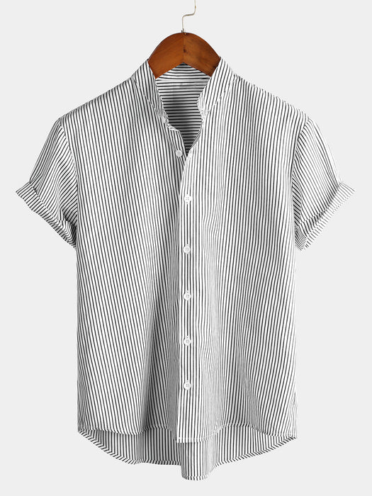 Men Stand Collar Striped Short Sleeve Shirt