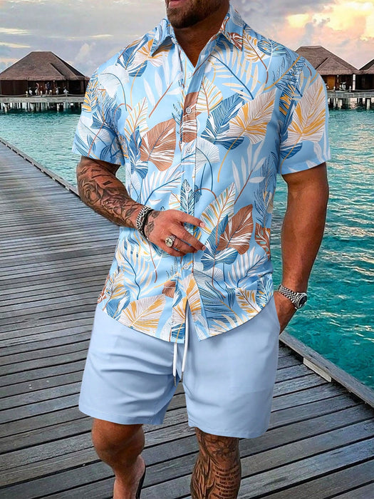 Leaf Print Short Sleeve Shirt And Shorts Set