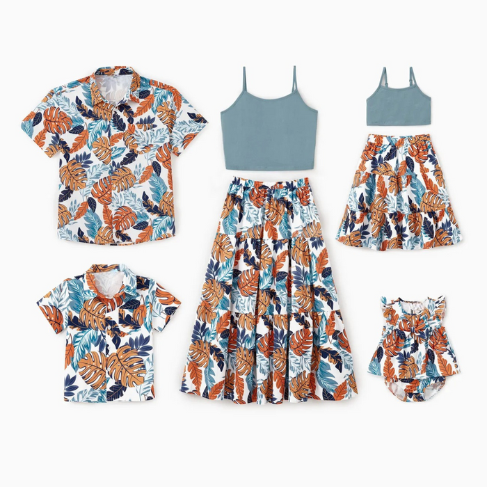 Elegant Leaf Printed Family Matching Outfit Set