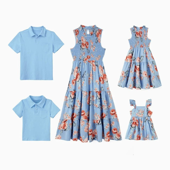 Family Matching Polo Shirt And Floral Top A Line Sleeveless Dress Sets