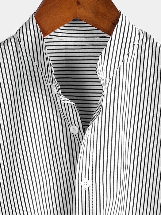 Men Stand Collar Striped Short Sleeve Shirt