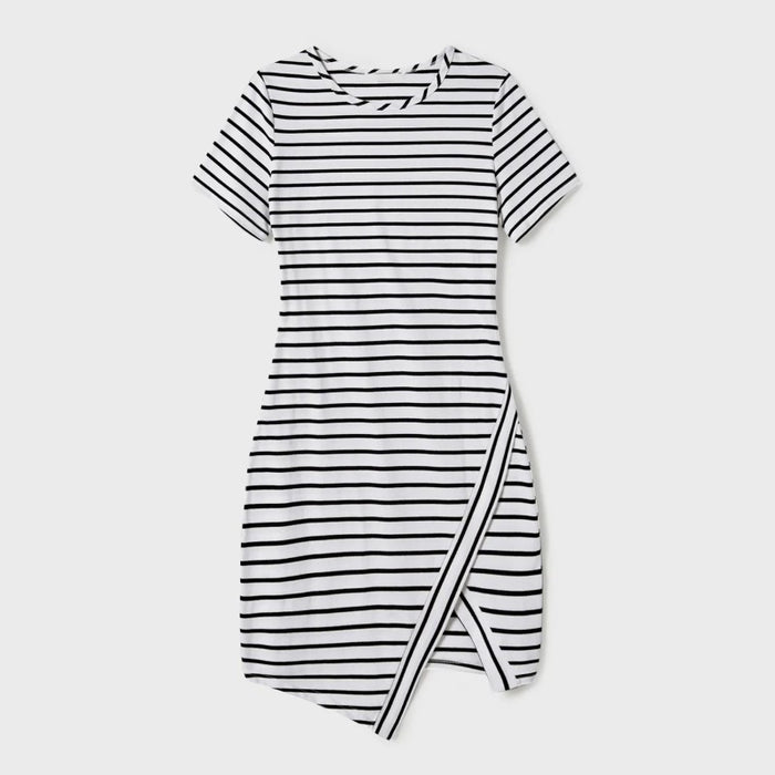 Family Matching Stripe Asymmetrical Dresses and Panel T shirts Sets