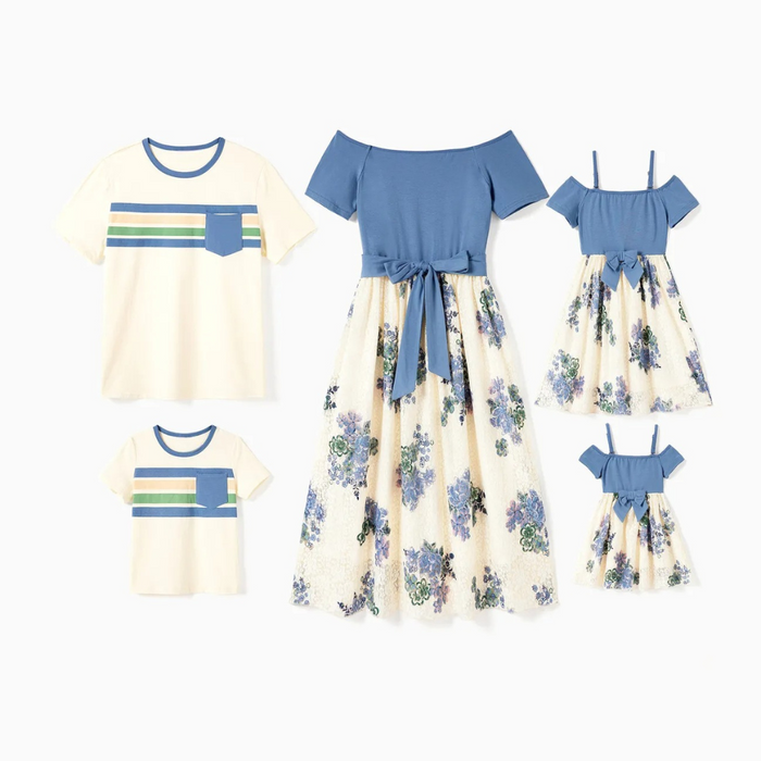 Family Matching Floral Lace and Striped Outfits