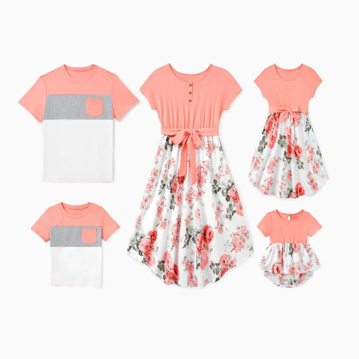 Family Matching Floral Dresses And Patterned T Shirts Set