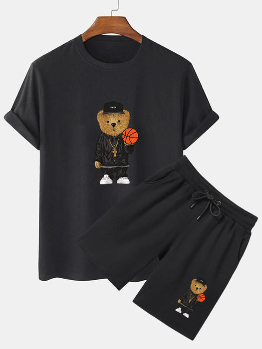 Basketball Bear Print T-Shirt And Shorts