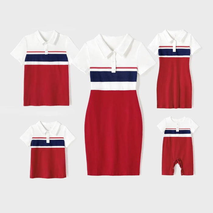 Family Matching Polo Dresses And Solid Color Tops Sets