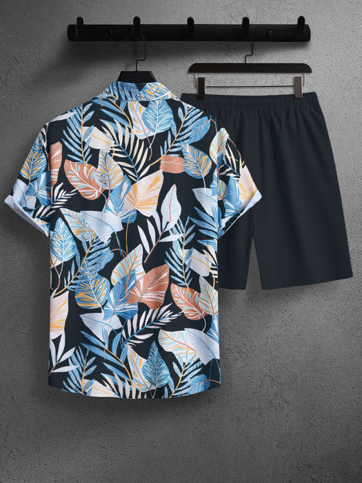 Leaf Print Short Sleeve Shirt And Shorts Set