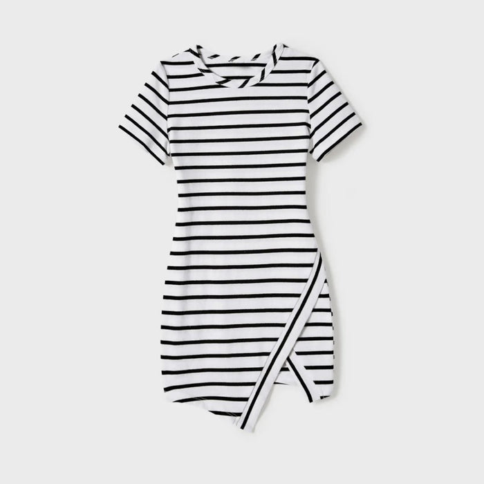 Family Matching Stripe Asymmetrical Dresses and Panel T shirts Sets