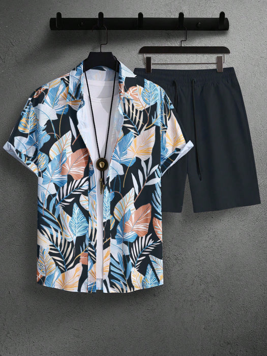 Leaf Print Short Sleeve Shirt And Shorts Set