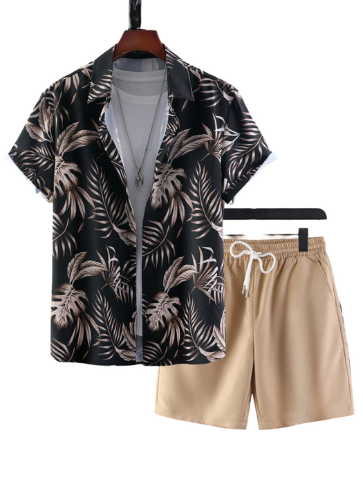 Tropical Print Shirt And Drawstring Shorts