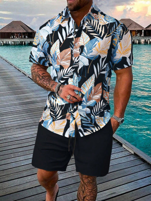 Leaf Print Short Sleeve Shirt And Shorts Set