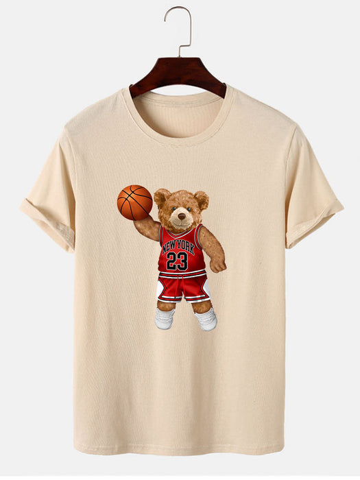 Bear Playing Basketball Print T-Shirt