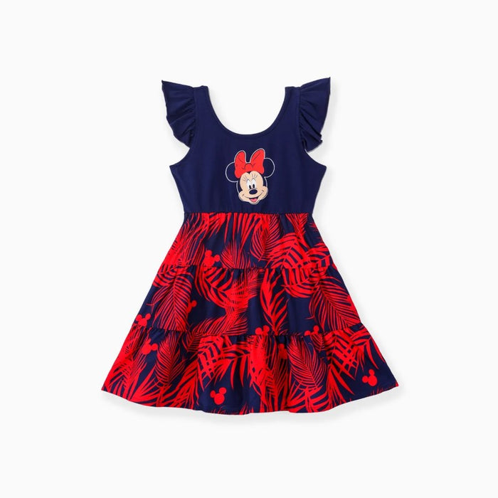 Mickey Family Matching Plant Print Dresses And Striped T Shirts Sets