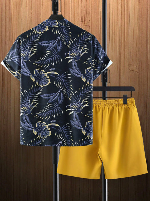 Tropical Print Shirt And Drawstring Shorts