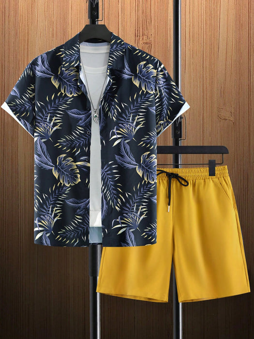 Tropical Print Shirt And Drawstring Shorts