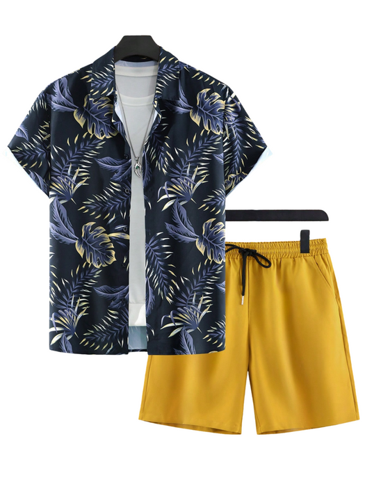 Tropical Print Shirt And Drawstring Shorts