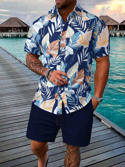 Leaf Print Short Sleeve Shirt And Shorts Set