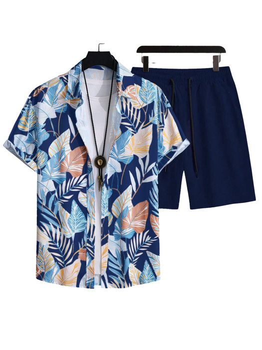 Leaf Print Short Sleeve Shirt And Shorts Set