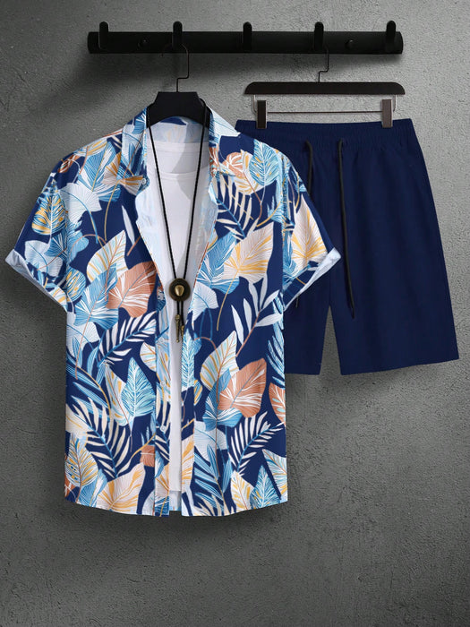 Leaf Print Short Sleeve Shirt And Shorts Set