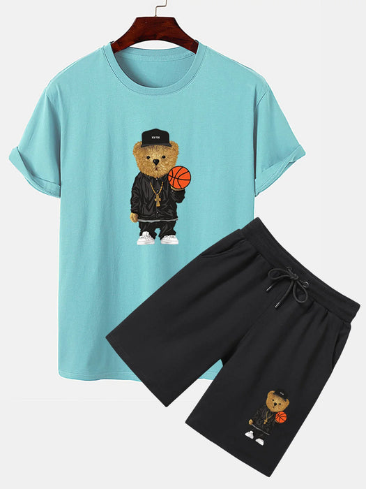 Basketball Bear Print T-Shirt And Shorts