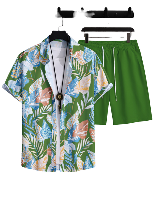 Leaf Print Short Sleeve Shirt And Shorts Set