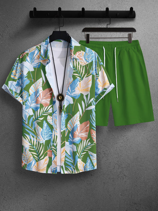 Leaf Print Short Sleeve Shirt And Shorts Set