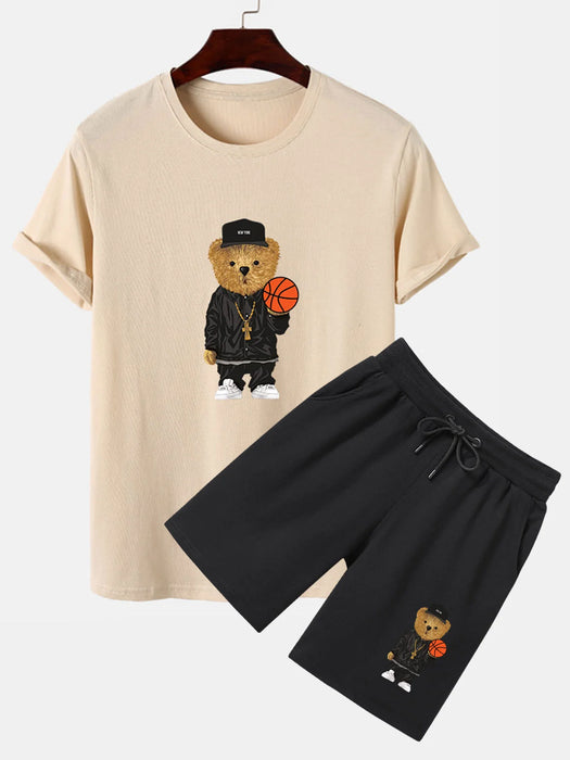 Basketball Bear Print T-Shirt And Shorts