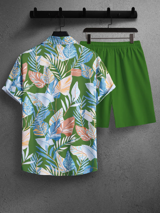 Leaf Print Short Sleeve Shirt And Shorts Set