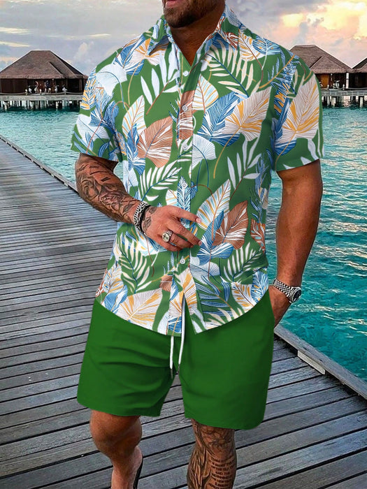 Leaf Print Short Sleeve Shirt And Shorts Set