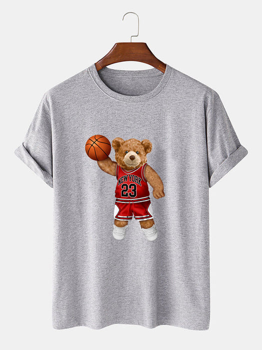 Bear Playing Basketball Print T-Shirt