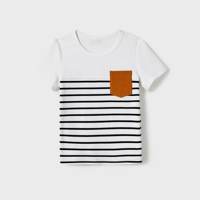 Family Matching Stripe Asymmetrical Dresses and Panel T shirts Sets