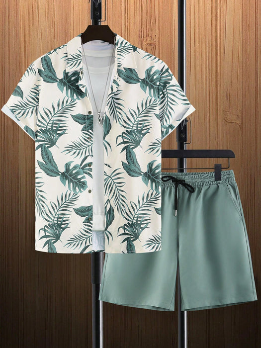 Tropical Print Shirt And Drawstring Shorts