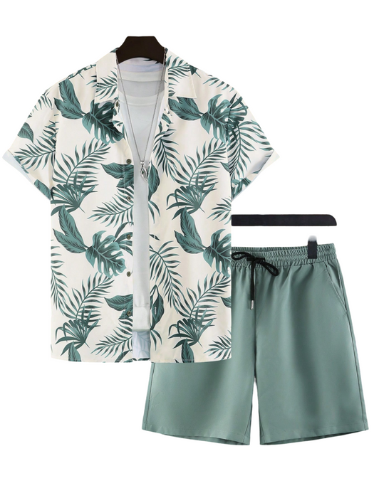 Tropical Print Shirt And Drawstring Shorts