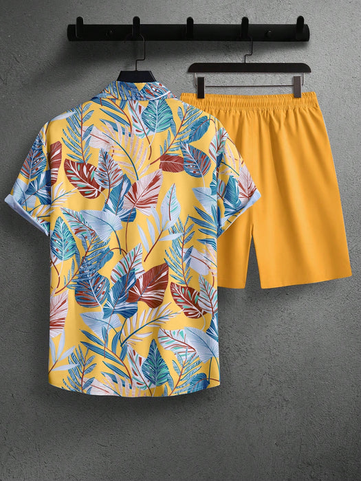 Leaf Print Short Sleeve Shirt And Shorts Set