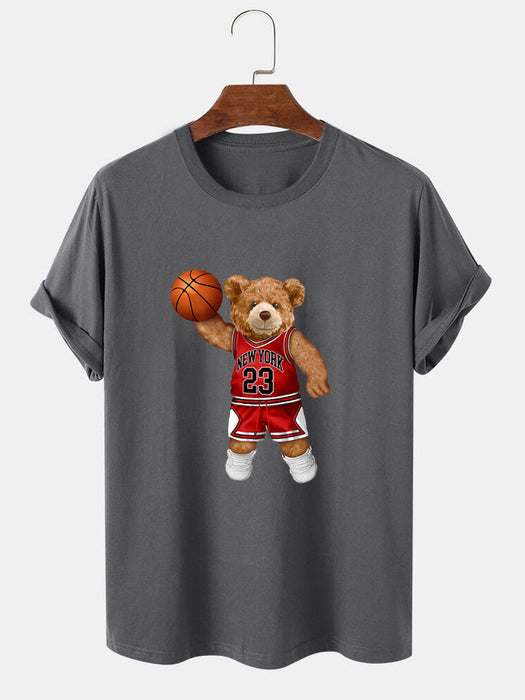 Bear Playing Basketball Print T-Shirt