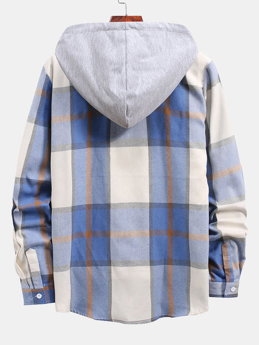 Button Up Contrast Hoodie Plaid Shirt