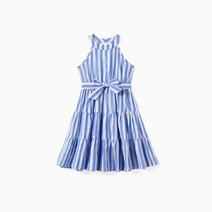 Family Matching Stripe Shirt And Halter Tassel Dress Sets